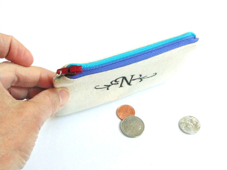 Custom change purse, personalized zipper pouch, embroidered with initial or name image 2