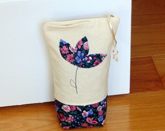 Blue floral doorstop, comes unfilled, easy to fill top zipper opening, Spring decor