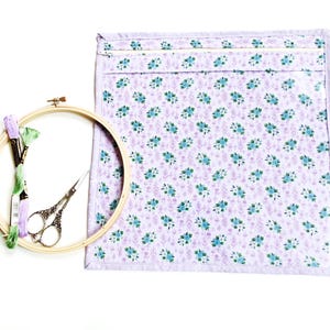 Vinyl front project bag, purple floral print pouch for cross stitch crafts on the go