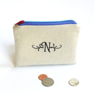 Custom change purse, personalized zipper pouch, embroidered with initial or name image 1