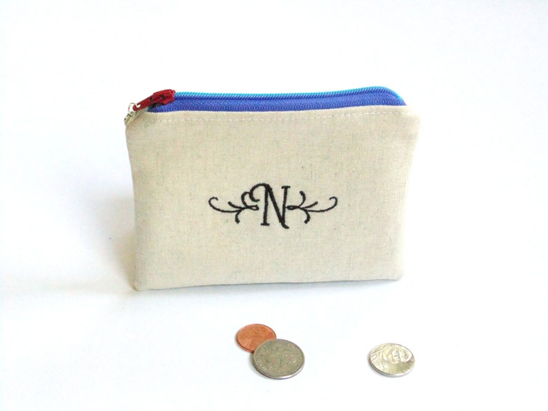 Custom change purse, personalized zipper pouch, embroidered with initial or name image 1