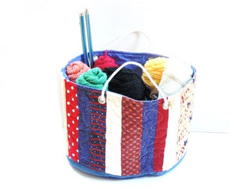 Large knitting tote bag, red white blue patchwork basket, room organizer, craft bag