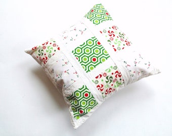 Christmas pillow, quilted patchwork throw pillow, festive holiday colors