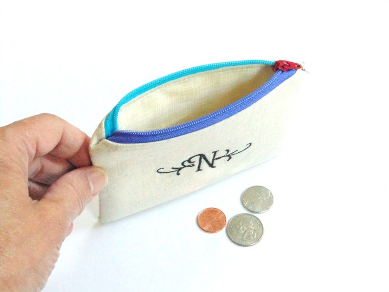Custom change purse, personalized zipper pouch, embroidered with initial or name image 7