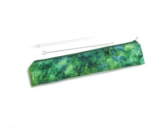 Zipper pouch for reusable travel straws or cutlery, green batik