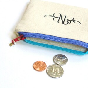 Custom change purse, personalized zipper pouch, embroidered with initial or name image 6