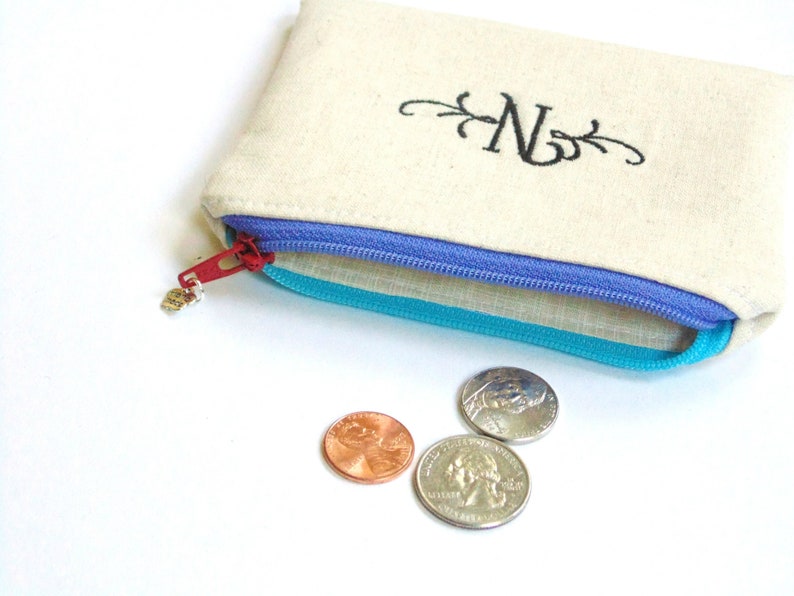 Custom change purse, personalized zipper pouch, embroidered with initial or name image 6