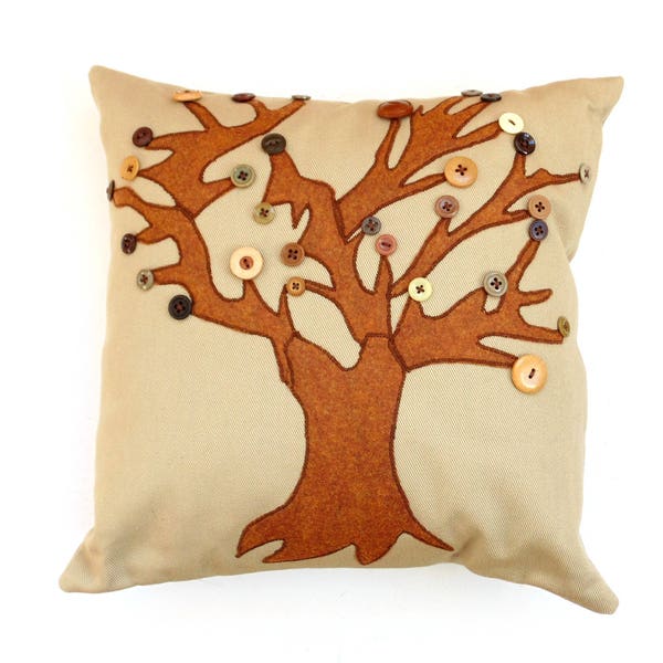 Autumn throw pillow appliqued tree with button leaves, farmhouse decorative pillow, 14 inch square