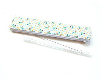 Travel drinking straw zipper pouch, floral fabric, waterproof lining, cutlery or chopsticks, makeup brush holder
