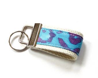 Key fob loop, small size, made in blue purple batik fabric