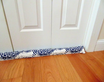 Custom length door draft stopper, blue & white damask print, unfilled