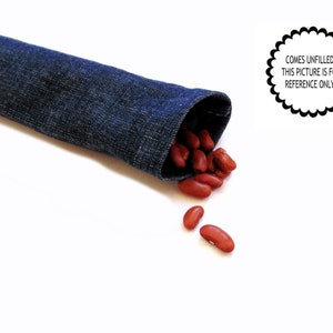 May include: A blue denim fabric pouch with red kidney beans spilling out.  Comes unfilled. This picture is for reference only.