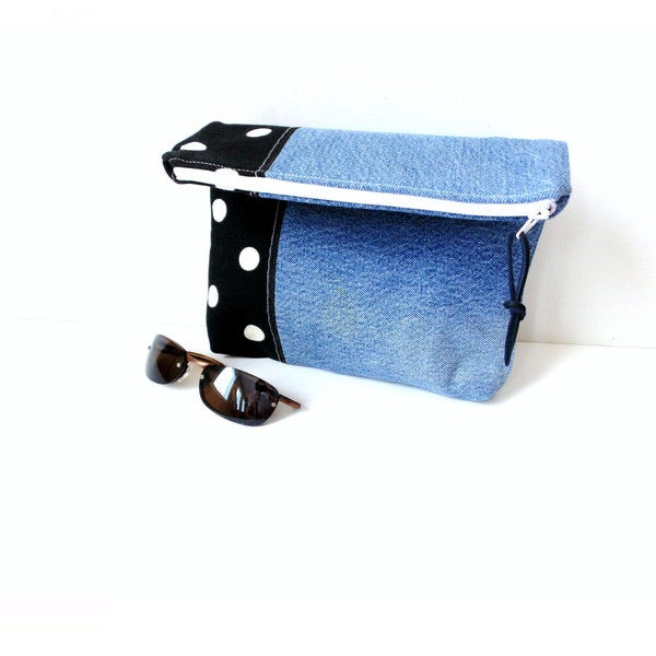 Denim clutch fold over bag, casual purse, zipper pouch, upcycled blue jeans