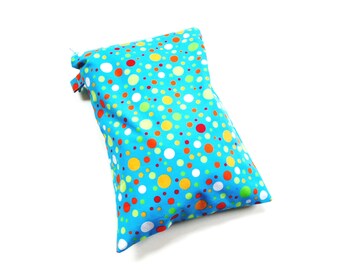 Large wet bag, waterproof lining, rainbow dots cotton fabric, zipper pouch for swimsuits, cosmetics, toiletry travel items