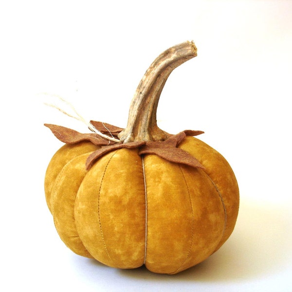 Halloween pumpkin orange mustard cotton and felt,  real stem, autumn decor, thanksgiving primitive