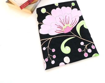 Paperback book sleeve, padded pouch for protection, bold pink flower cotton fabric