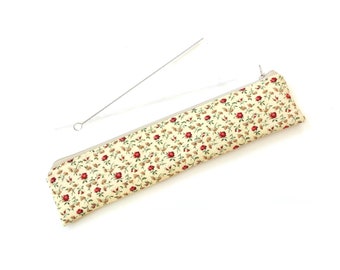 Drinking straw zipper pouch bag, floral cotton, reusable cutlery holder