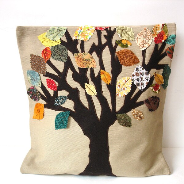 Leaf pillow appliqued tree of life accent toss country Autumn colorful cushion  home decor