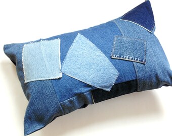 Bolster pillow, handmade modern cushion, upcycled denim jeans, patchwork 12 x 20 inches