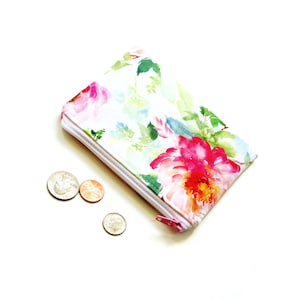 Zipper pouch, pink roses fabric, coin purse, sorbet hues small wallet, notion bag