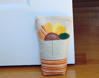 Yellow flower doorstop, appliqued floral linen bag, comes unfilled