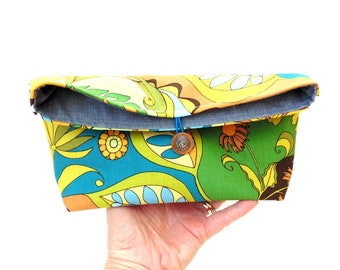 Summer handbag, clutch fold over purse, botanical print cotton bag