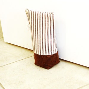 Fabric doorstop brown ticking cotton, unfilled door wedge