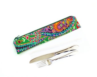 Reusable drinking straw and zipper pouch bag for travel, waterproof lining, bohemian print cotton