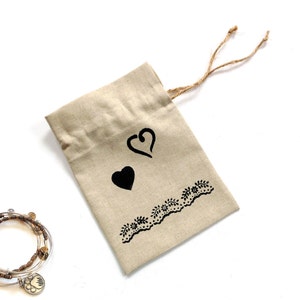 Ecofriendly linen gift bag, reusable pouch, Love hearts, small jewelry birthday gifts