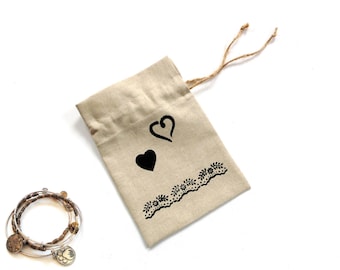 Ecofriendly linen gift bag, reusable pouch, Love hearts, small jewelry birthday gifts