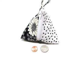 Triangle coin purse, black & white floral cotton pyramid zipper pouch