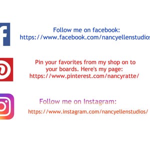 Pode incluir: Fundo branco com &iacute;cones de m&iacute;dia social para Facebook, Pinterest e Instagram. O texto inclui "Follow me on facebook:" com um URL, "Pin your favorites from my shop on to your boards. Here's my page:" com um URL e "Follow me on Instagram:" com um URL.