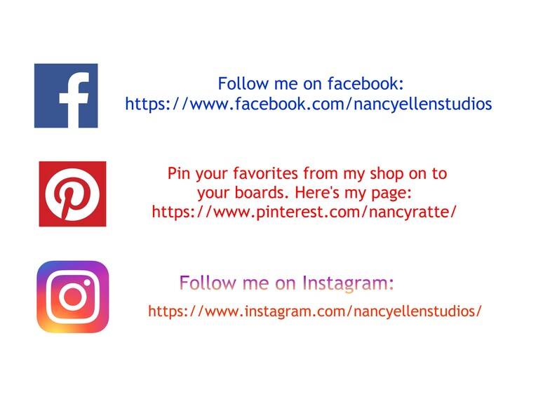 Pode incluir: Fundo branco com &iacute;cones de m&iacute;dia social para Facebook, Pinterest e Instagram. O texto inclui "Follow me on facebook:" com um URL, "Pin your favorites from my shop on to your boards. Here's my page:" com um URL e "Follow me on Instagram:" com um URL.