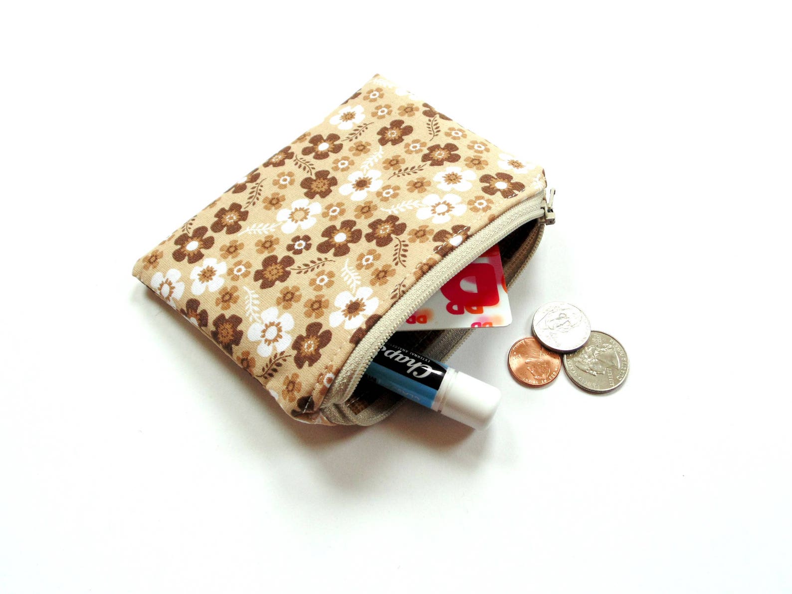 Change purse zipper pouch brown floral credit card case for Etsy