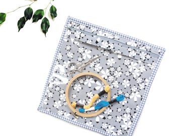 Floral cross stitch project bag, clear vinyl zipper pouch, embroidery craft organizer