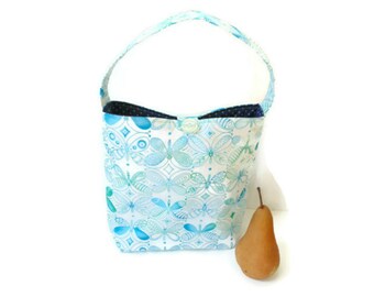 Insulated lunch tote bag, blue butterflies, reusable food bag