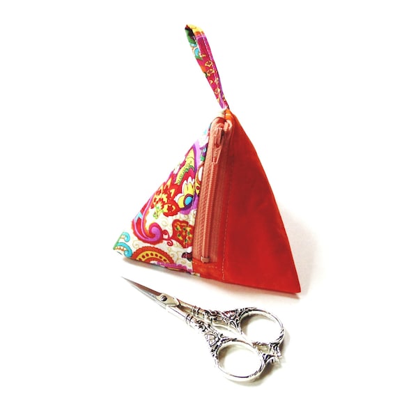 Small zipper pouch, paisley pyramid bag for notions, earbuds, accessories