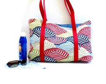 Large beach tote bag, red white & blue carryall