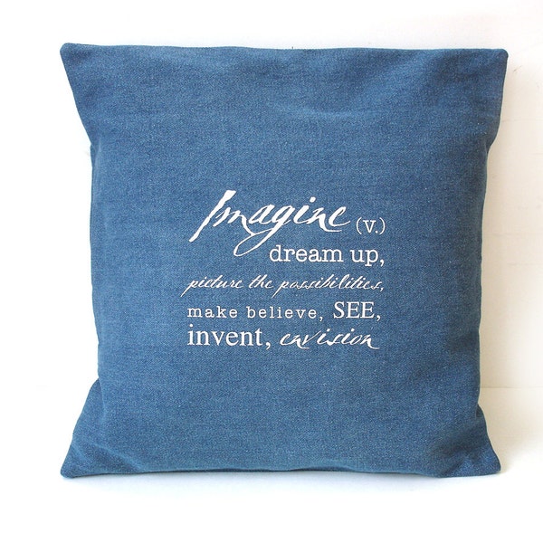 Denim pillow Imagine typography home decor complete blue white, insert included