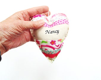 Personalized fabric heart Valentine ornament, sympathy gift, patchwork hanging decoration