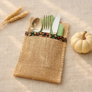 May include: A rectangular burlap cutlery pouch featuring a top trim with a colorful autumn leaf pattern. Inside the pouch are a silver spoon, a silver fork, and a silver knife resting against a folded green napkin. The pouch has frayed edges.