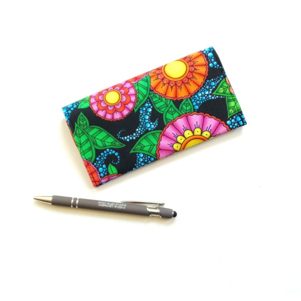 Two pocket checkbook cover for women, bold bright cotton fabric