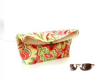 Fold over clutch purse, cosmetic storage, citrus floral cotton fabric