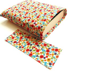 Small paperback book protector sleeve, floral cotton cover, fully lined pouch