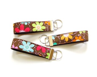 Key fob wristlet loop, modern floral cotton keychain