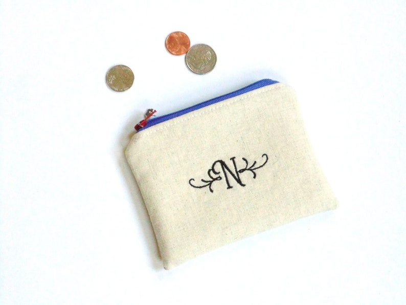 Custom change purse, personalized zipper pouch, embroidered with initial or name image 5