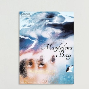 May include: A rectangular poster featuring a blue and white abstract design with a pixelated face. The text reads Magdalena Bay, Imaginal Disk, and includes descriptive details about the synth-pop, dance-pop, and electronic rock album.