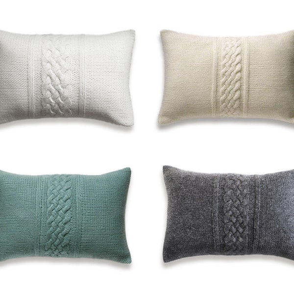 Cable Knit Pillow Covers 12 x 18 inch Mix and Match Lumbar Cushion White Cream Duck Egg Blue Charcoal Grey Wool Natural Linen Cotton