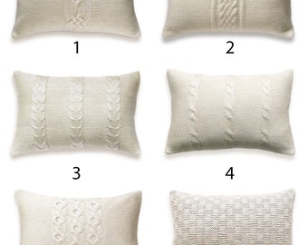 Cable Knit Pillow Covers 12 x 18 inch Mix and Match Ivory Off White Cream Stitch Wool Cotton