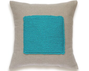 Color Block Linen Knit Pillow Cover In Turquoise Blue Flax Beige 16 inch Decorative Wool Cushion Garter Stitch